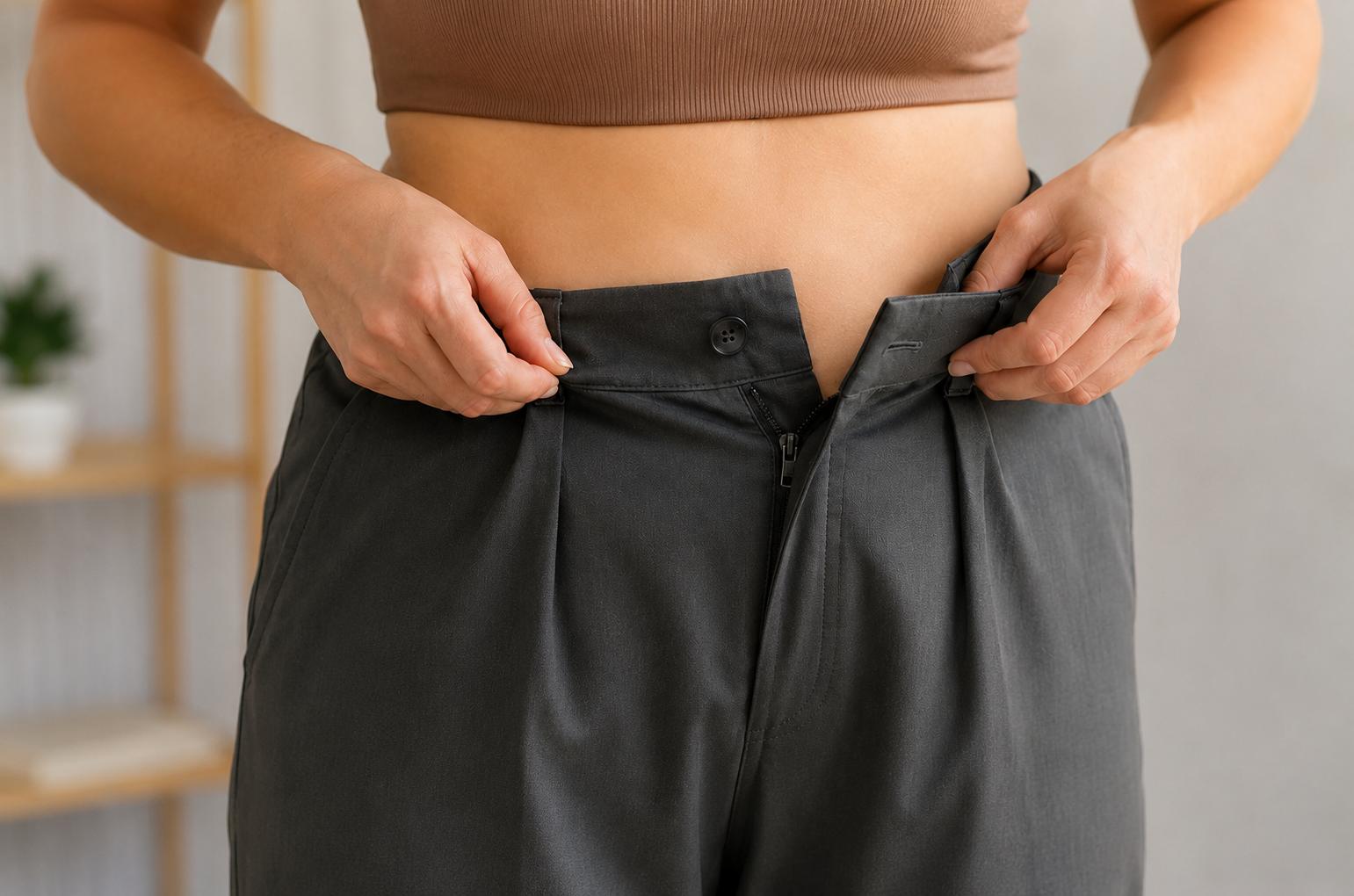 Mulher tentando fechar a calça que não serve mais